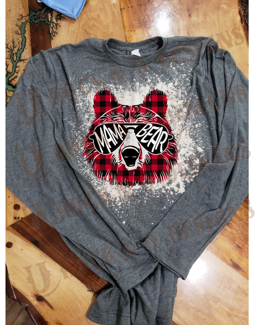 Mama Bear - Buffalo Plaid Custom Bleached Graphic T-shirt – Rock'n U Designs