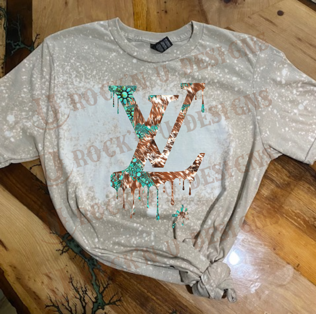 Western LV Drip Custom Bleached Graphic T-Shirt XXXL / DINEM