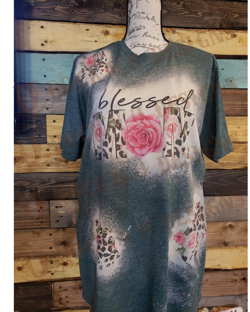 Blessed Mom with Roses Custom peek-a-boo Bleached T-shirt