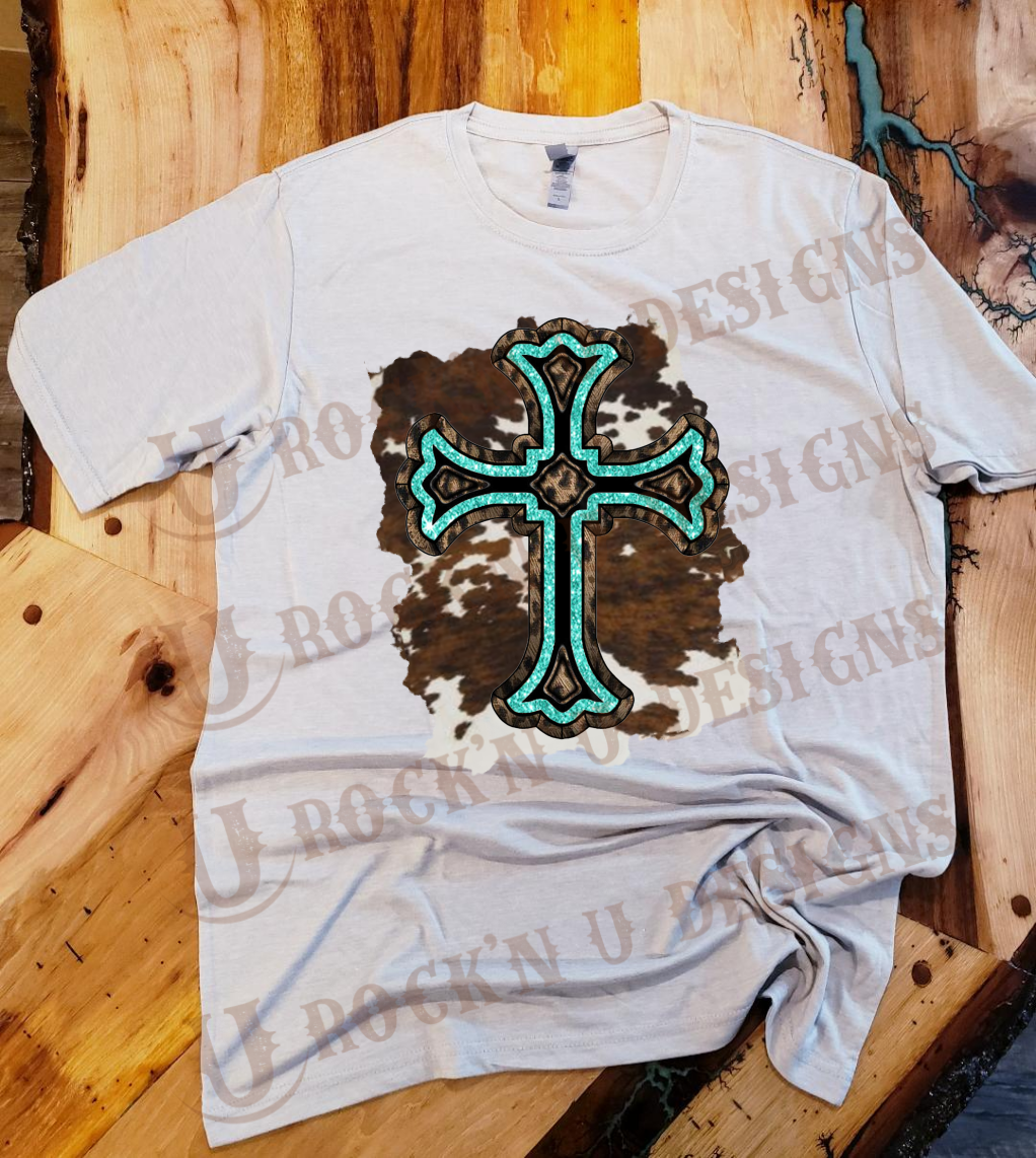 Cowhide Turquoise Cross Custom Design T-shirt