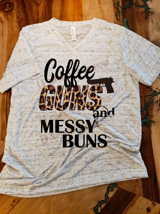 Coffee, Guns, & Messy Buns Custom Design Bleached T-Shirt