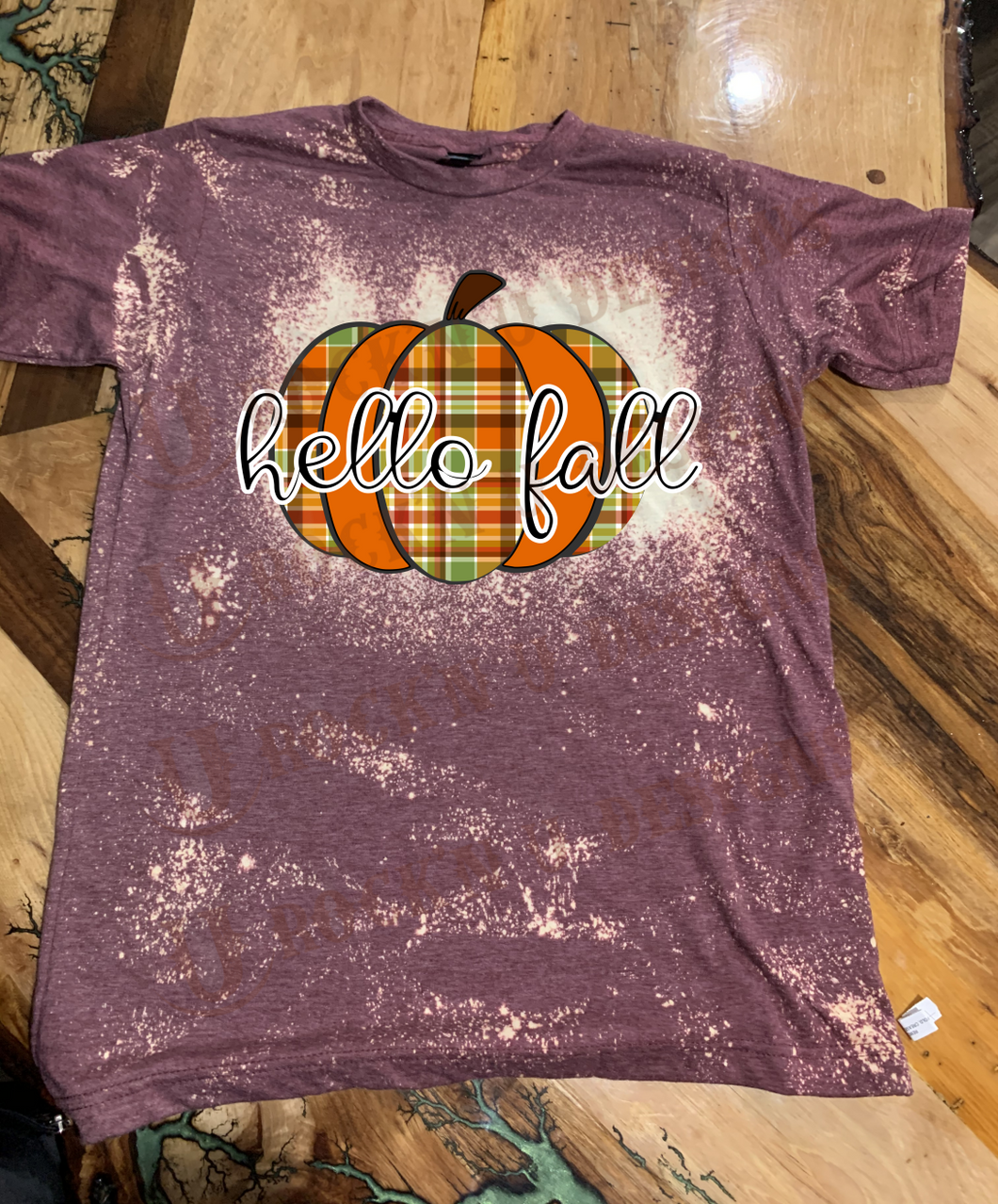 HELLO FALL Custom Plaid Pumpkin Bleached T-shirt