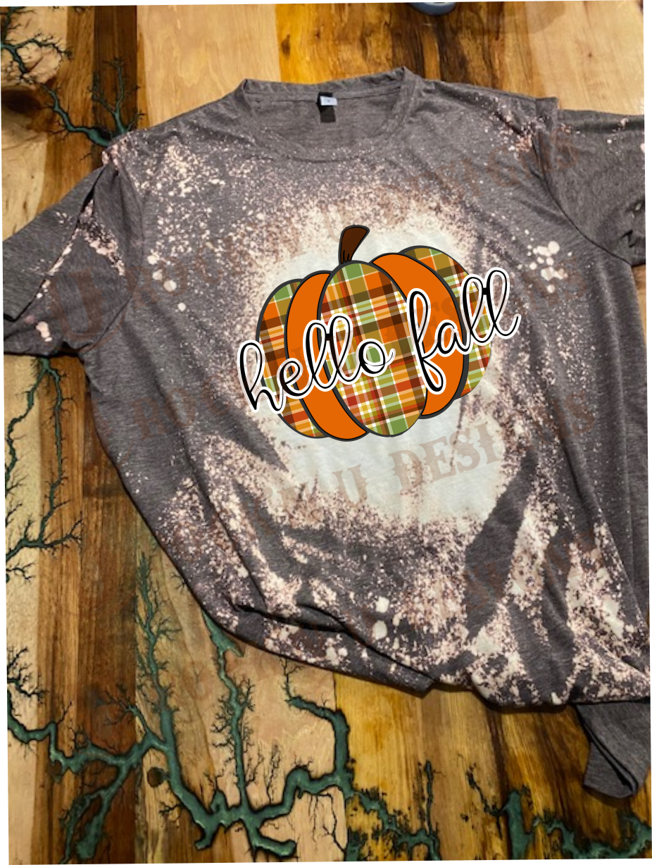 HELLO FALL Custom Plaid Pumpkin Bleached T-shirt