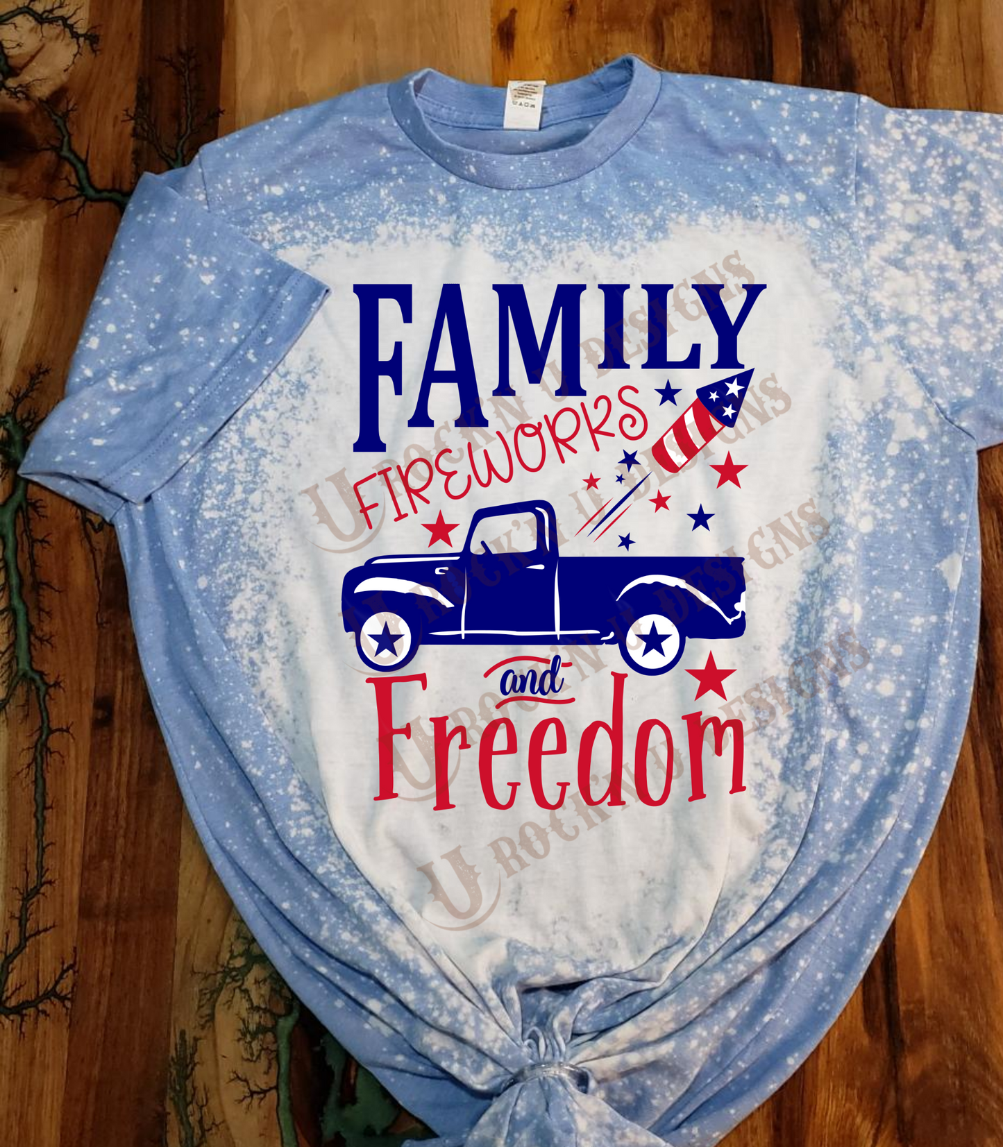 Family, Fireworks and Freedom Custom Unisex Bleached T-shirt