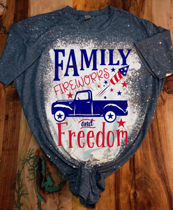 Family, Fireworks and Freedom Custom Unisex Bleached T-shirt