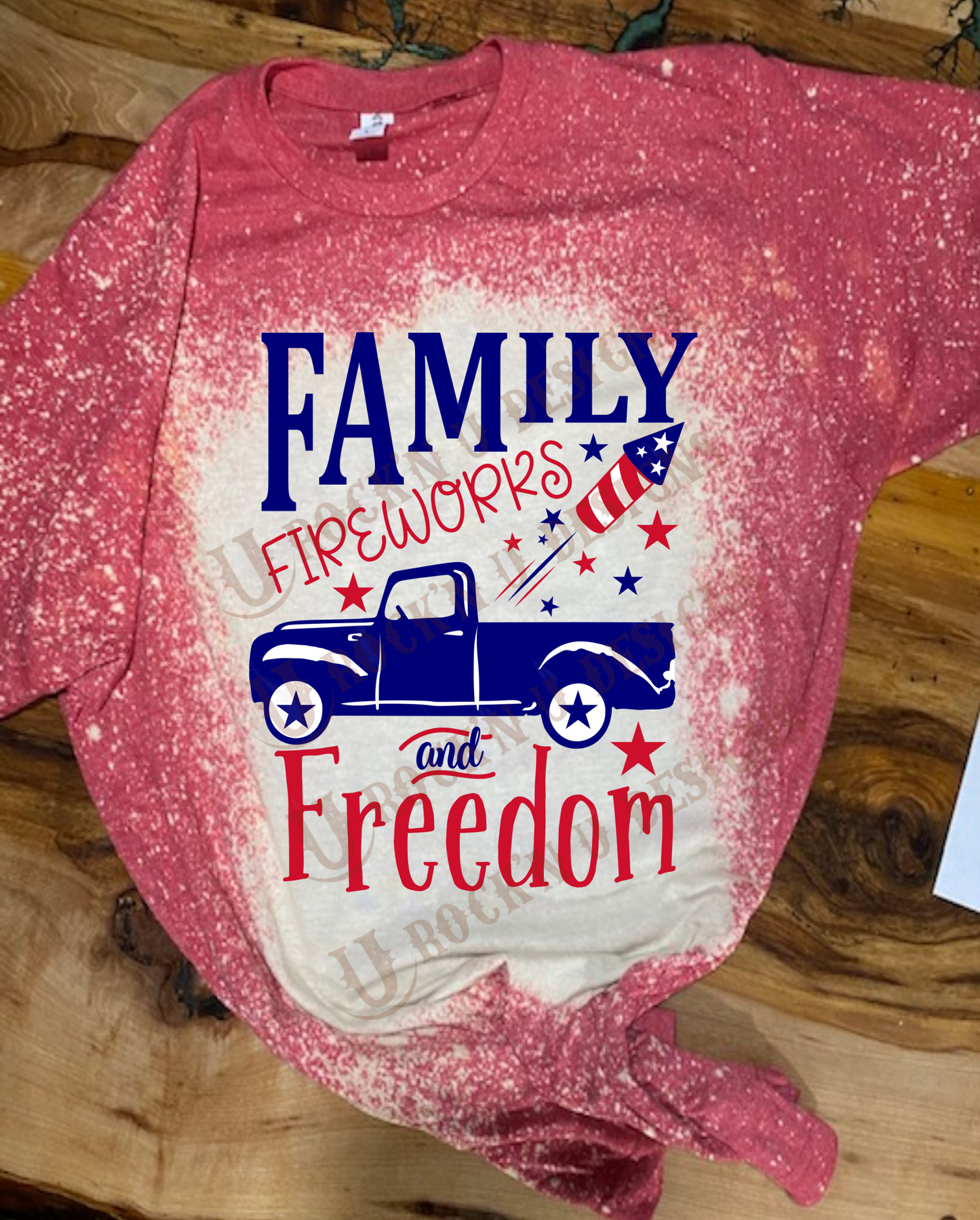 Family, Fireworks and Freedom Custom Unisex Bleached T-shirt