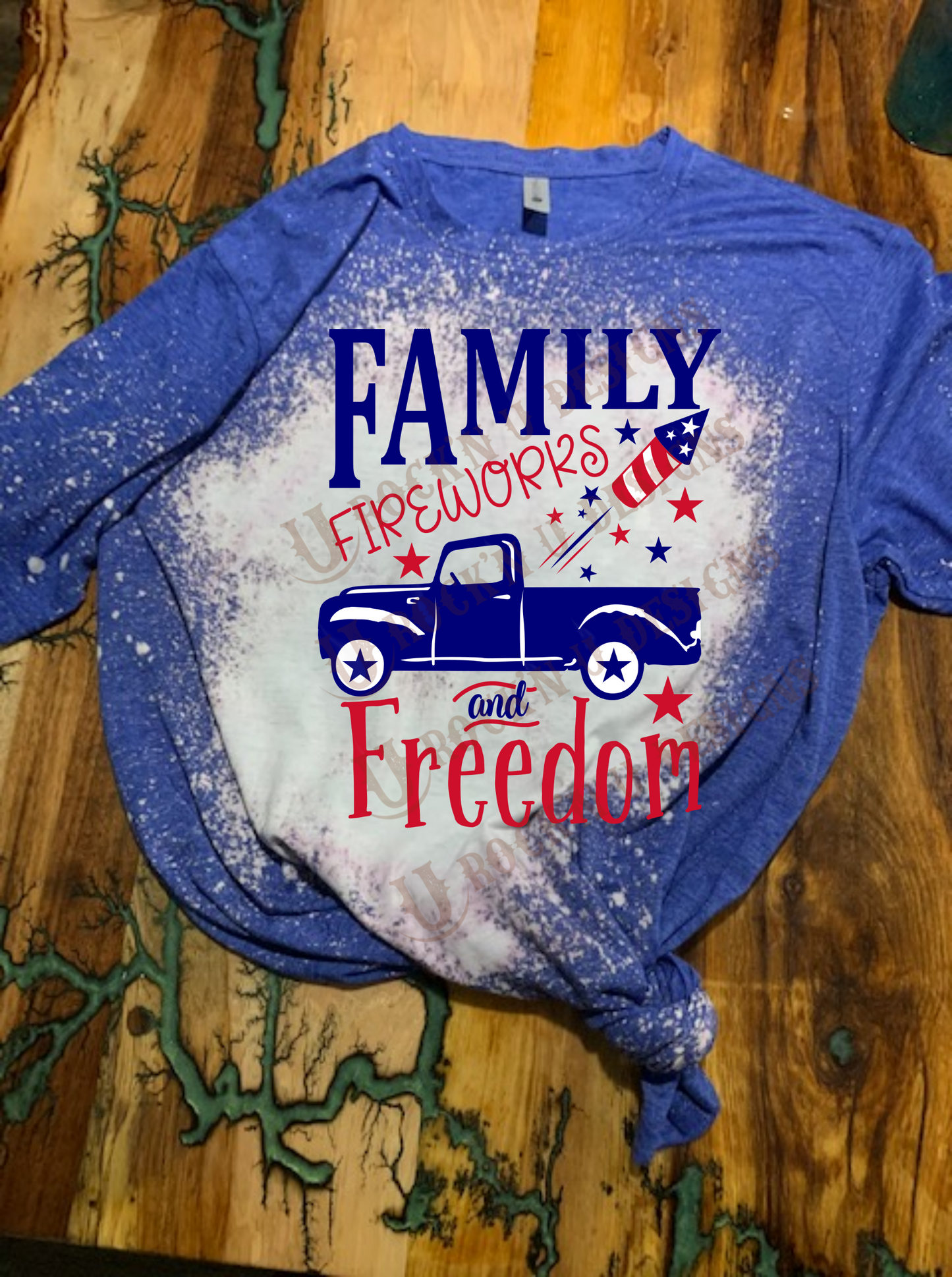 Family, Fireworks and Freedom Custom Unisex Bleached T-shirt