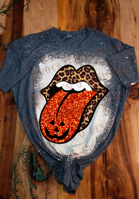 Rock'n Roll glitter Pumpkin Mouth Custom Design Bleached T-Shirt