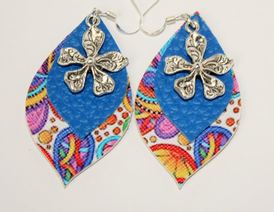 SUZIE Q Faux Leather Earrings With Flower Cham and 925 Silver Ear Hooks