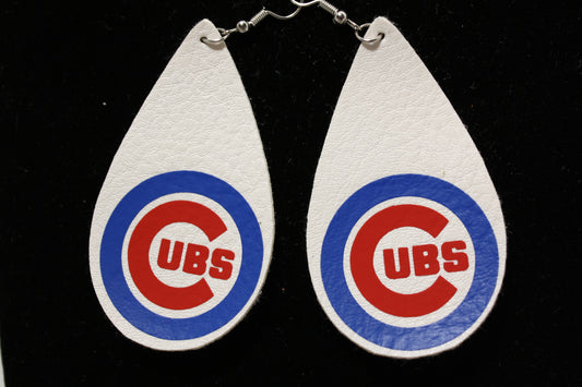 FAUX LEATHER Earrings, white w\logo - "KNUCKLEBALL"  -CUBS BASEBALL SPORTS.