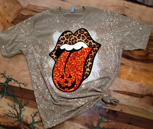Rock'n Roll glitter Pumpkin Mouth Custom Design Bleached T-Shirt