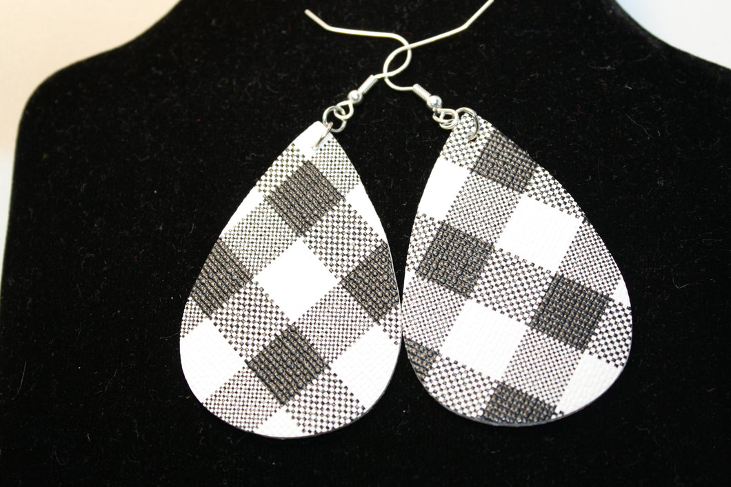 RAVEN Black and White Buffalo Plaid Faux Leather Earrings with 925 Silver Ear Hooks