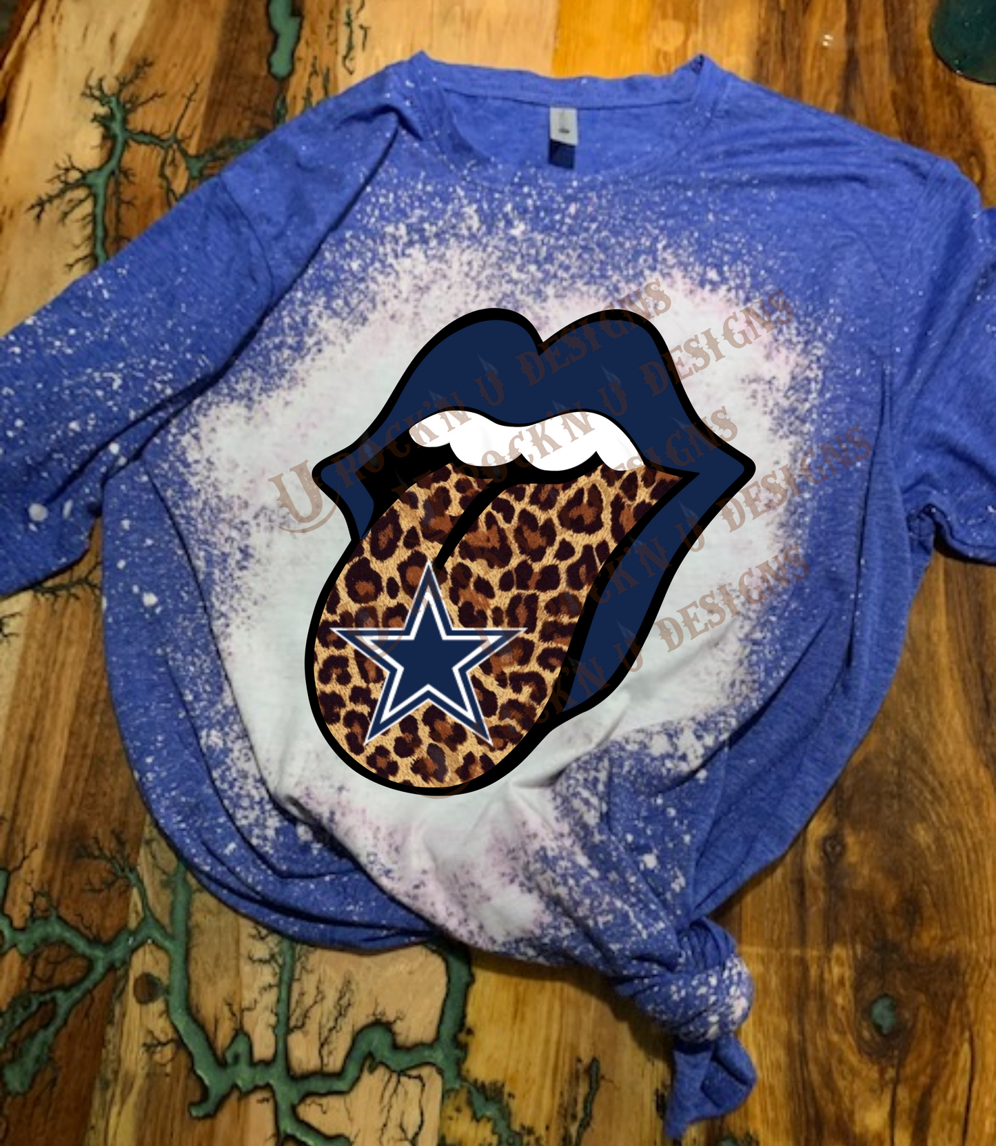 Unisex "Cowboys - Blue Lips Leopard" Custom Bleached T-shirt