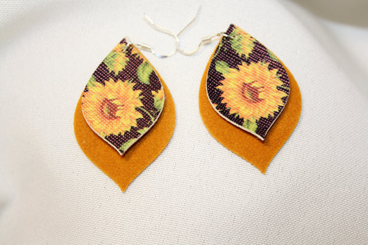 SUNFLOWER Faux Leather Earrings with 925 Silver Ear Hooks