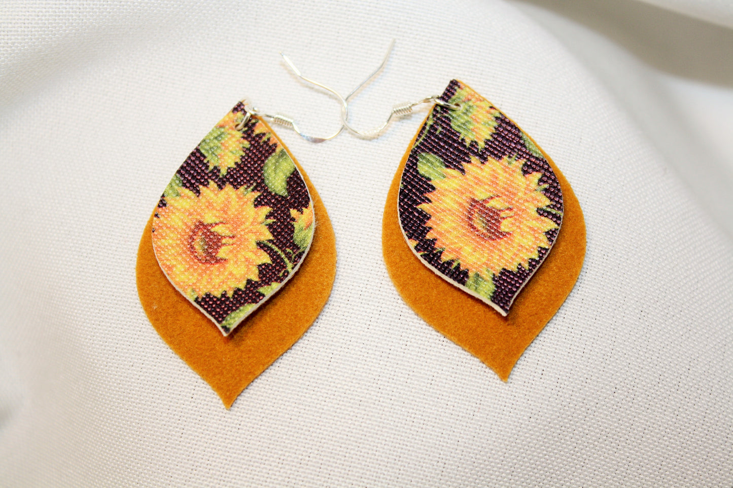 SUNFLOWER Faux Leather Earrings with 925 Silver Ear Hooks