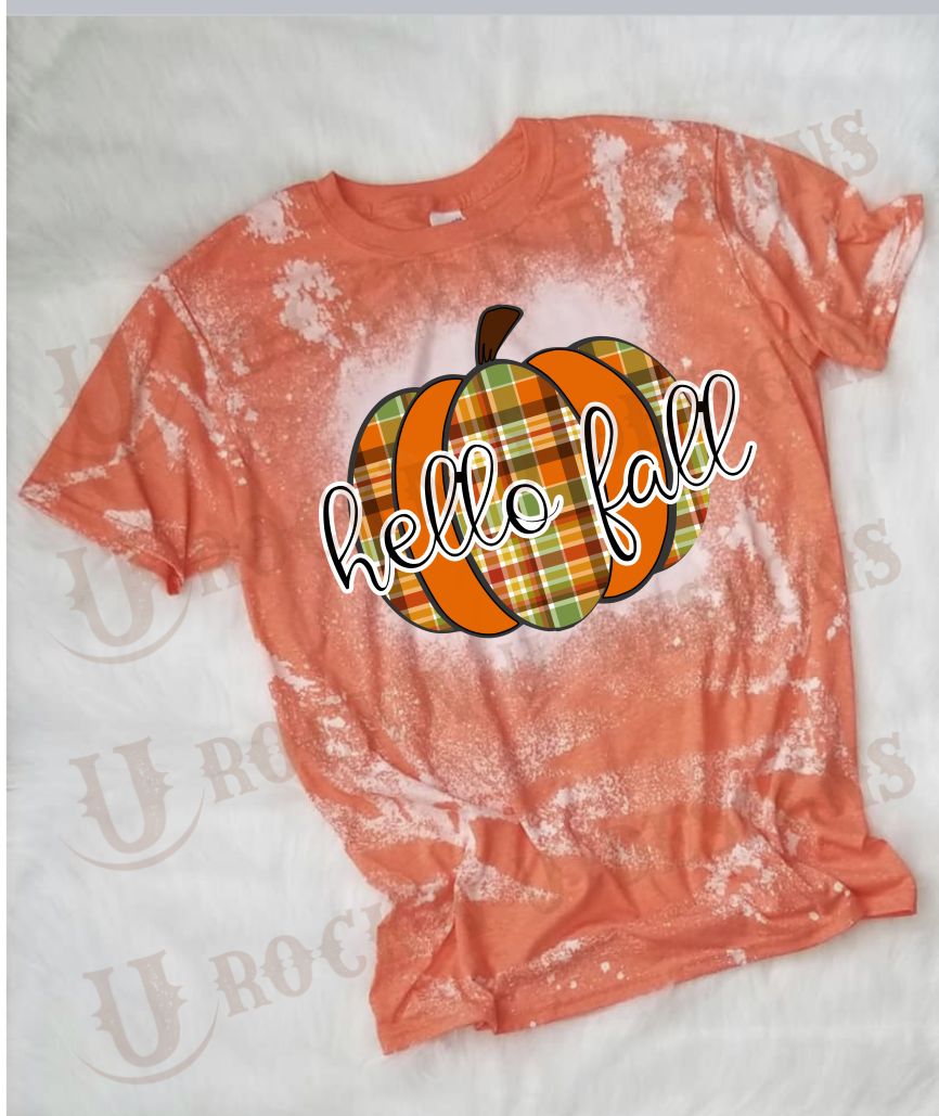 HELLO FALL Custom Plaid Pumpkin Bleached T-shirt