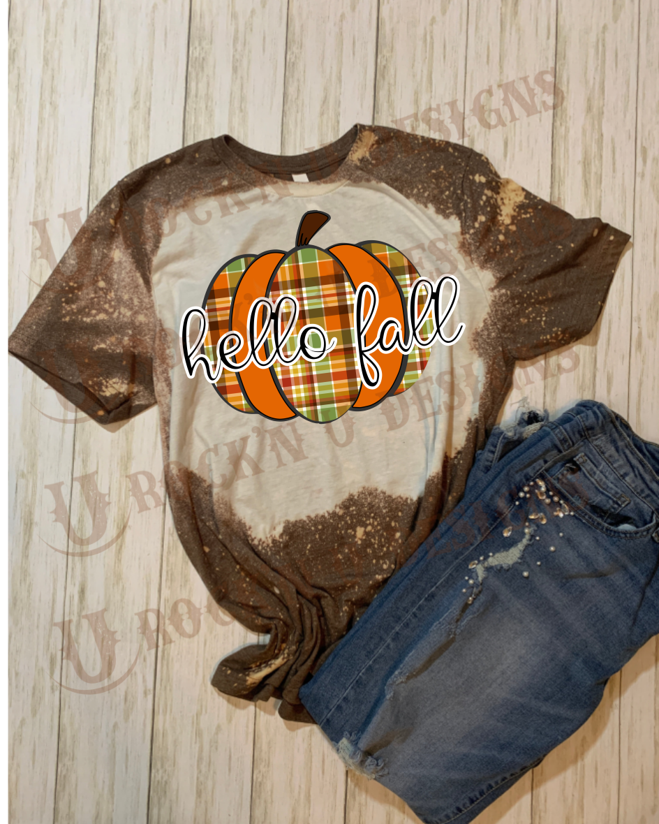 HELLO FALL Custom Plaid Pumpkin Bleached T-shirt