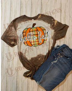 HELLO FALL Custom Plaid Pumpkin Bleached T-shirt