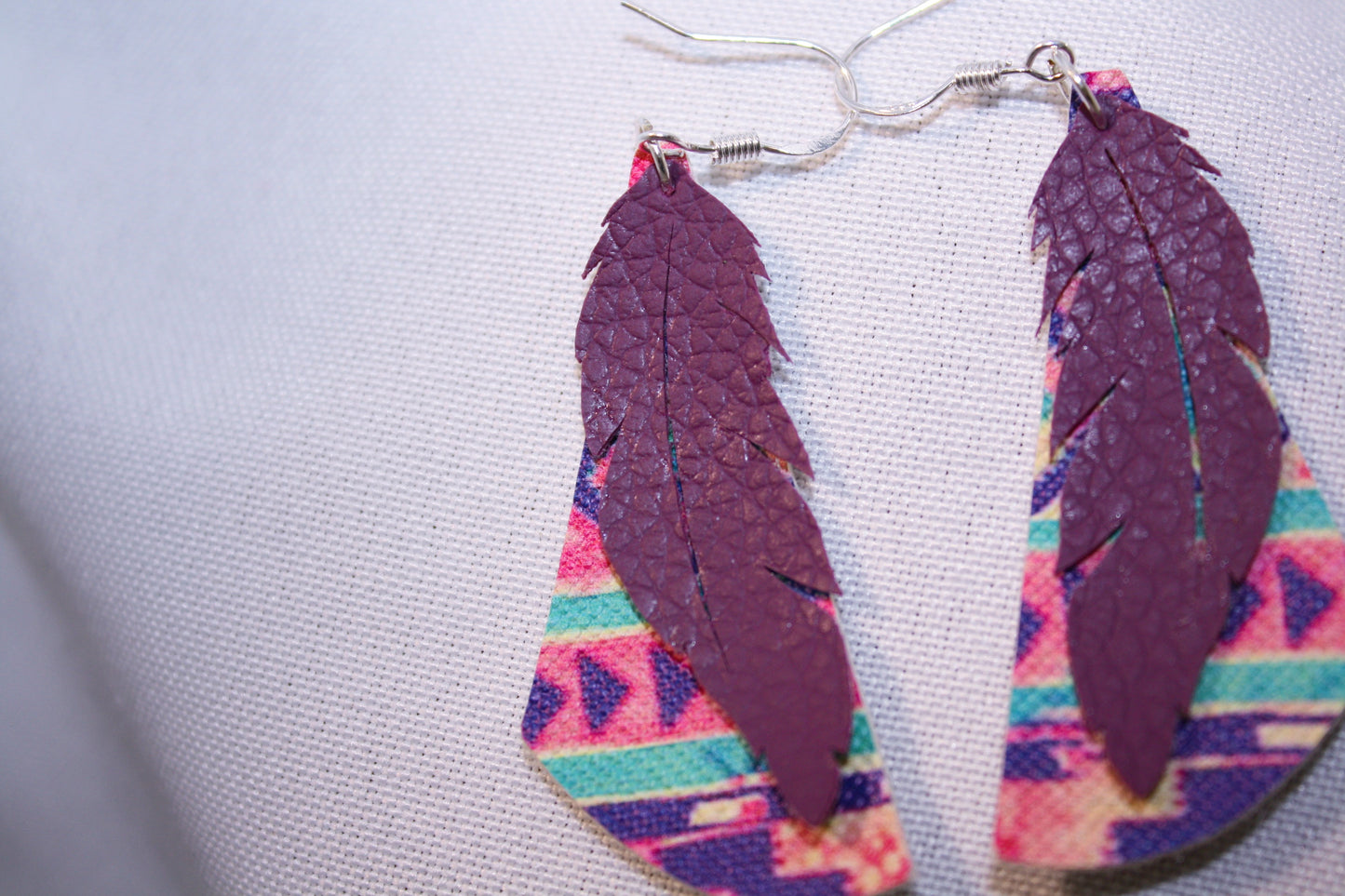 Gifted Warrior Faux Leather Aztec Print Purple Feather Earrings