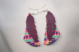 Gifted Warrior Faux Leather Aztec Print Purple Feather Earrings
