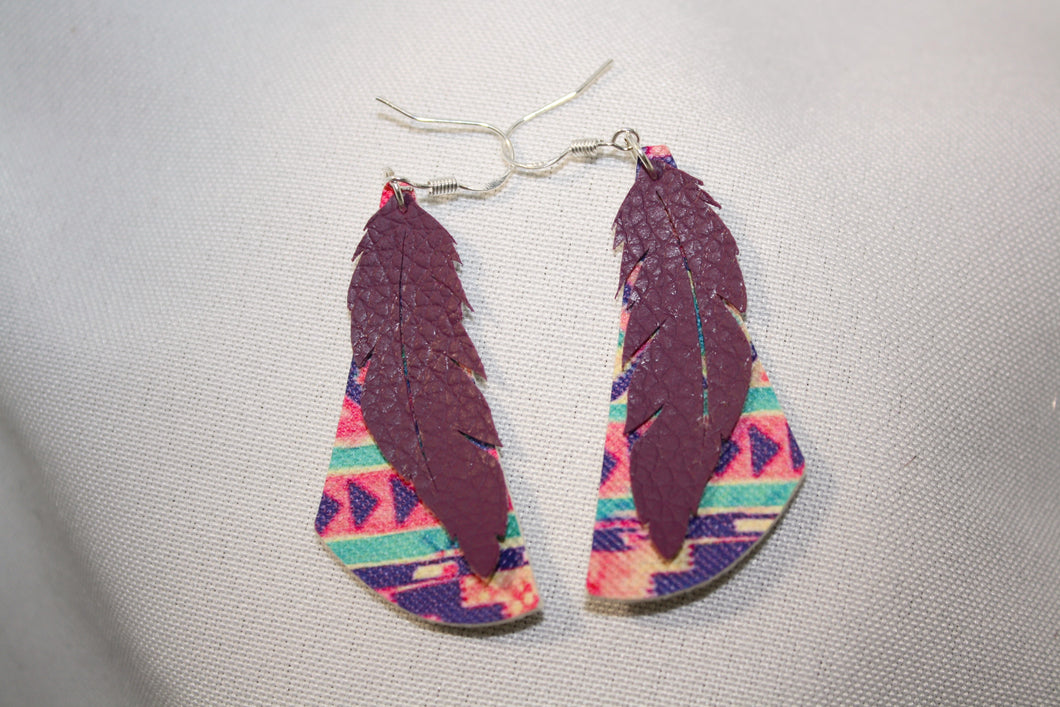Gifted Warrior Faux Leather Aztec Print Purple Feather Earrings