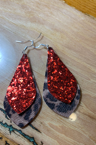 Sparkly Red Leopard Faux Leather Dangle/Drop Earrings with 925 Silver Ear Hooks