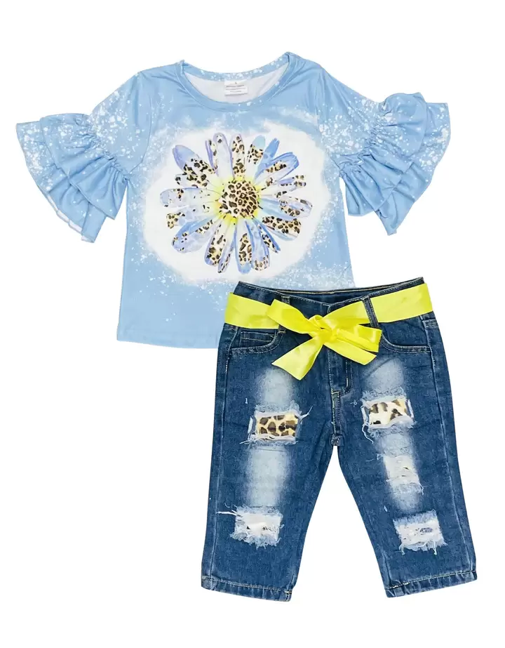 Bleached Denim Daisy Leopard/Cheetah Capri Outfit Infant - Toddler by Rock'n u Designs