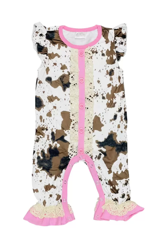 Brown Cow Print Lace Pink Romper/Bodysuit Infant - Toddler by Rock'n U Designs