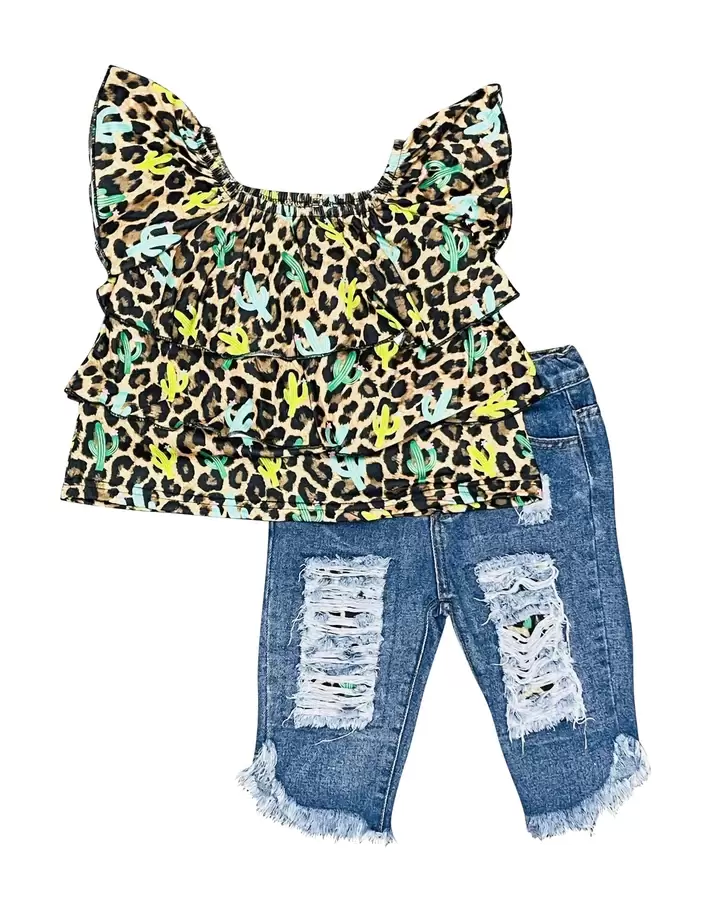 Leopard/Cheetah Cactus Denim Capri Outfit Infant/Toddler