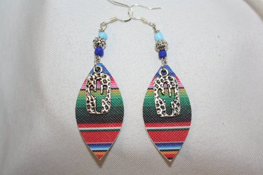 PRICKLY POPPY Faux Leather Serape with Cactus Charm and 925 Silver Ear Hooks