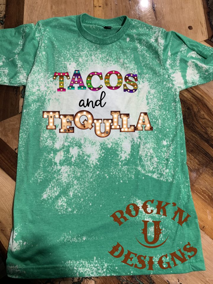 Tacos and Tequila Custom Bleached Graphic T-shirt