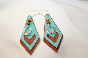 WILD AND FREE Faux Leather Western Fashion Earrings with Horse Shoe Charm