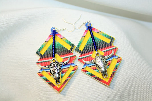 WILD BILL Faux Leather Fashion Serape Earrings with Cow Skull and 925 Silver Ear Hooks